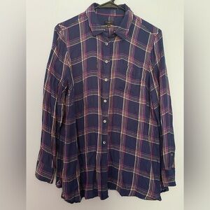 Talbots Large Petite Blue-Pink Plaid Long Sleeve Button Down Shirt 100% Cotton
